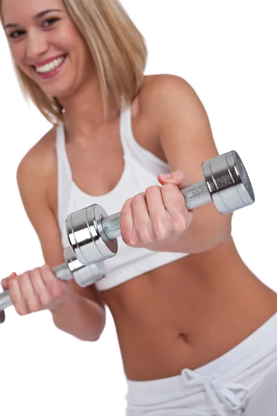 Fitness serie - blonde vrouw met gewichten — Stockfoto