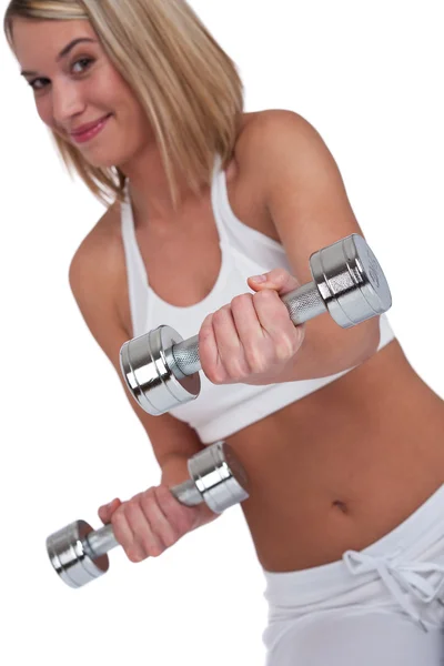 Blonde Vrouw Witte Achtergrond Focus Hand Gewichten — Stockfoto