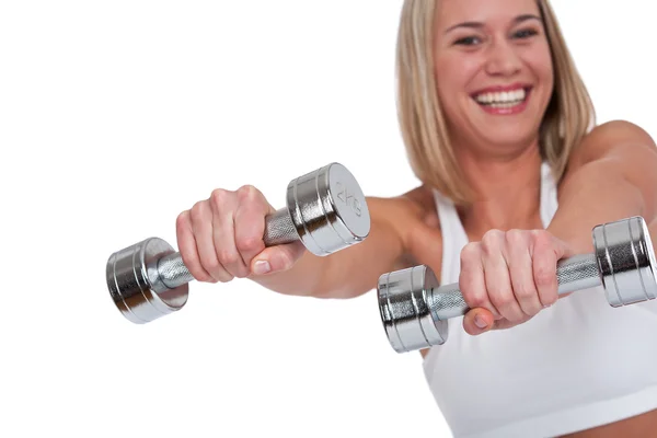 Serie Fitness - Mujer rubia con pesas plateadas —  Fotos de Stock