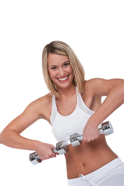 Gülümseyen ağırlıkları ile sarışın kadın fitness serisi- — Stok fotoğraf