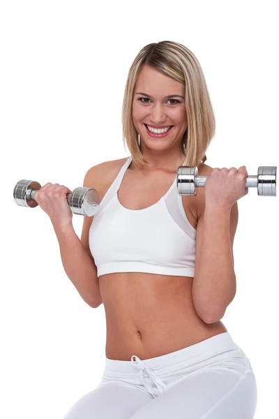 Blonde Vrouw Met Gewichten Witte Achtergrond — Stockfoto