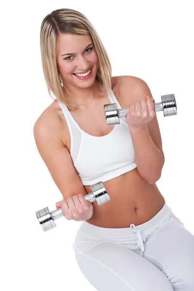 Lachende Vrouw Met Gewichten Witte Achtergrond — Stockfoto