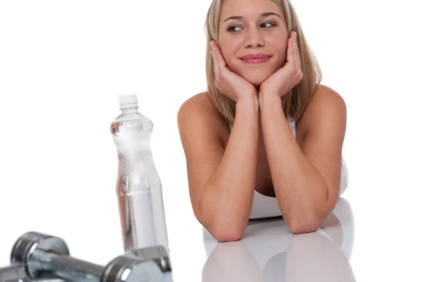 Mujer Atractiva Con Pesas Botella Agua Sobre Fondo Blanco —  Fotos de Stock