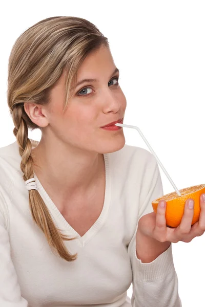Healthy lifestyle series - Woman holding orange — Stock Photo, Image