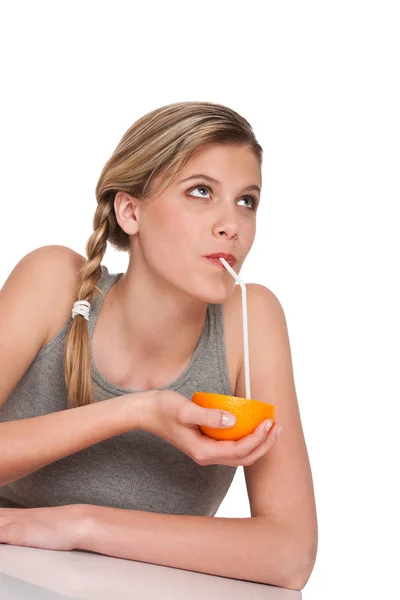Hälsosam livsstil-serien - kvinna med orange — Stockfoto