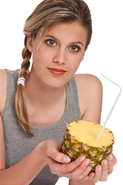 Woman Holding Pineapple White Background — Stock Photo, Image