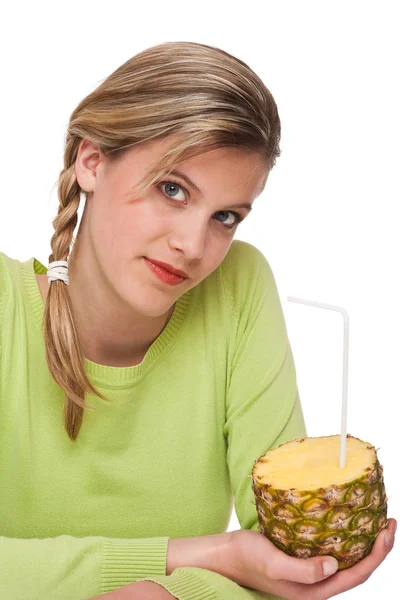 Woman Holding Pineapple White Background — Stock Photo, Image