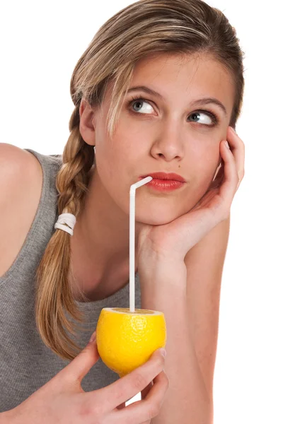 Woman Lemon Straw White Background — Stock Photo, Image