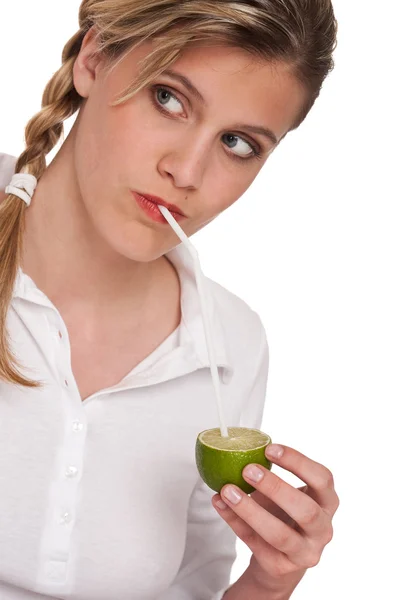 Woman Holding Lime Straw White Background — Stock Photo, Image