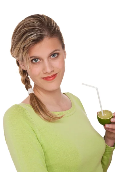 Woman Holding Lime Straw White Background — Stock Photo, Image
