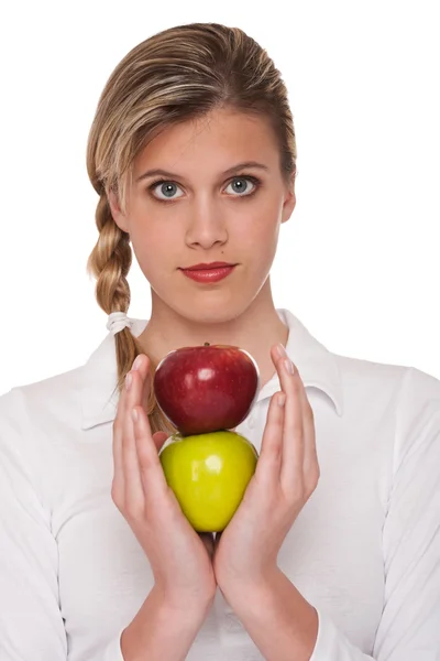 Kvinna Med Två Äpplen Vit Bakgrund — Stockfoto