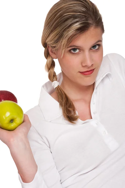 健康的生活方式系列-持有两个苹果的女人 — 图库照片