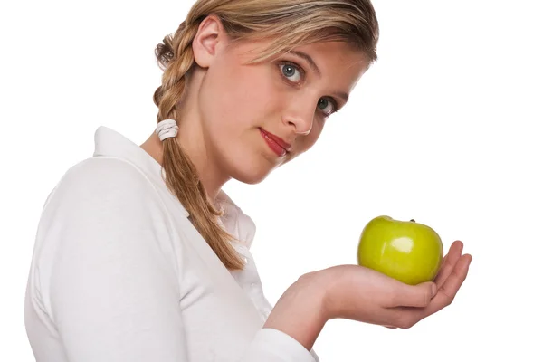 Frau Hält Grünen Apfel Auf Weißem Hintergrund — Stockfoto