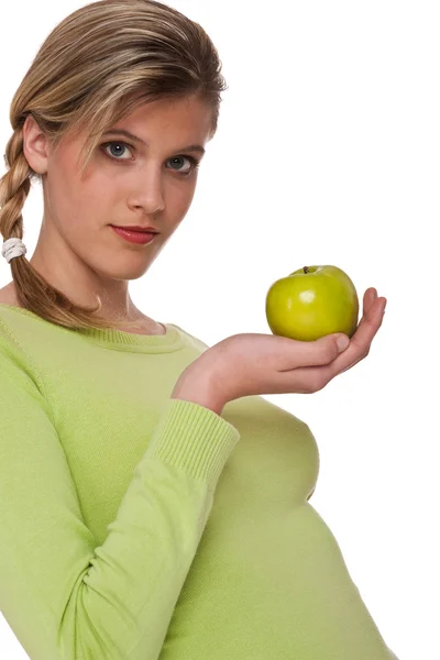 Mujer Sosteniendo Manzana Verde Sobre Fondo Blanco —  Fotos de Stock