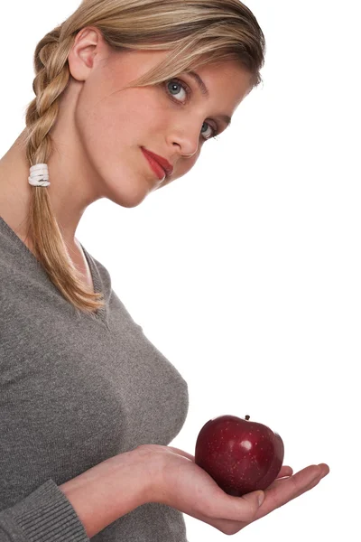 Zdrowy styl życia serii - kobieta czerwone jabłko — Zdjęcie stockowe