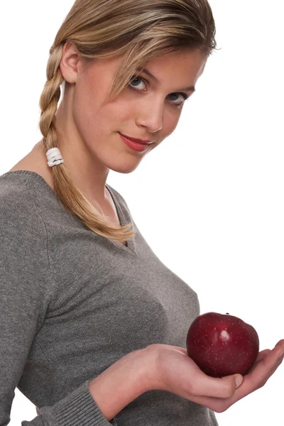 头戴白色背景红苹果的女人 — 图库照片