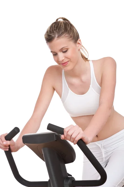健身系列 体育女人骑自行车在白色背景上 — 图库照片