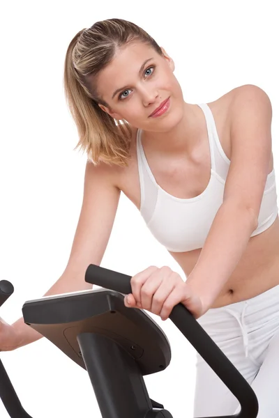 Série Fitness Mulher Com Bicicleta Exercício Fundo Branco — Fotografia de Stock