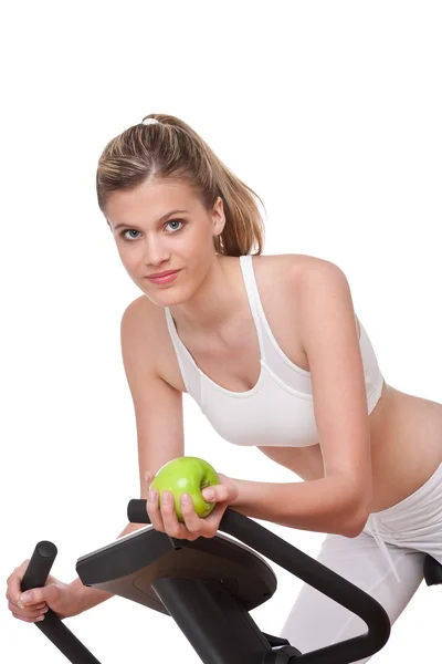 Fitness série - žena drží jablko — Stock fotografie