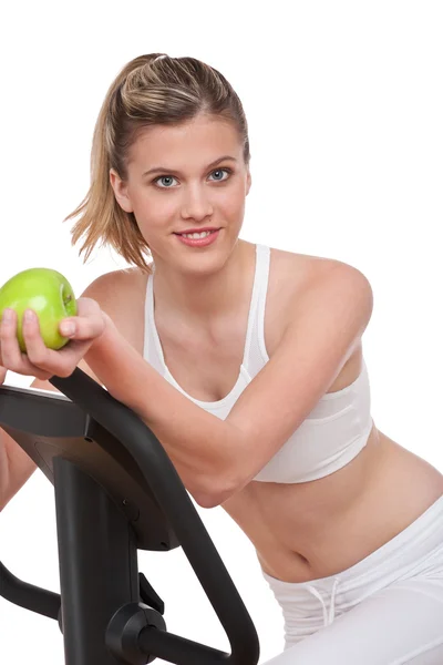 Fitness-serien - kvinna med äpple — Stockfoto