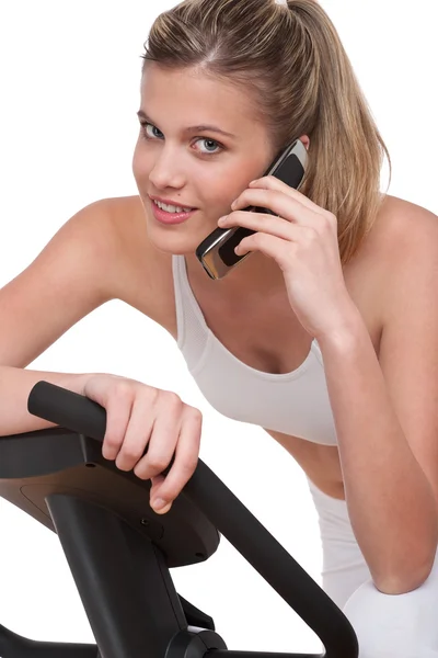 Fitness Serie Woman Mobiele Telefoon Bedrijf Witte Achtergrond — Stockfoto