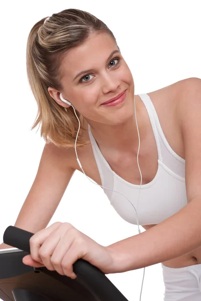 Fitness Series Woman Headphones Exercising White Background — Stock Photo, Image