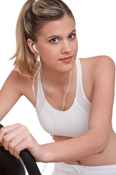 Serie Fitness - Mujer con auriculares haciendo ejercicio —  Fotos de Stock