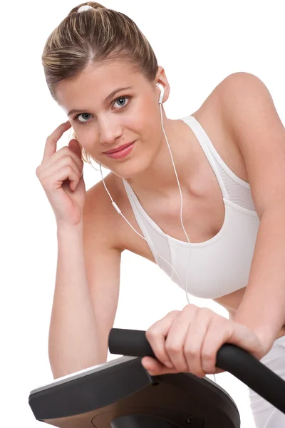 Série Fitness Mulher Com Fones Ouvido Bicicleta Sobre Fundo Branco — Fotografia de Stock