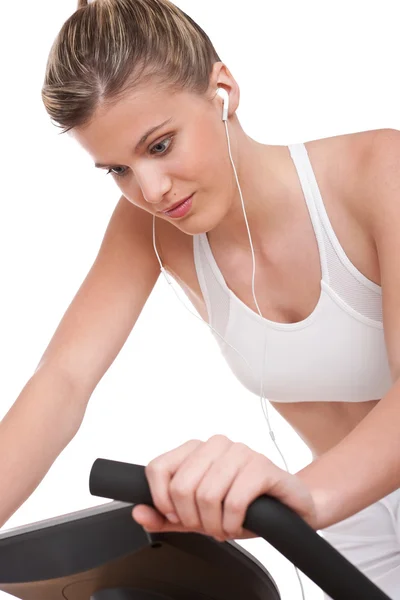 Fitness Series Woman Headphones Cycling White Background — Stock Photo, Image