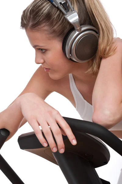 Γυμναστήριο Σειρά Γυναίκα Ακουστικά Άσκηση Άσπρο Φόντο — Φωτογραφία Αρχείου