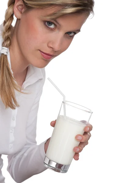 Blond Vrouw Met Glas Melk Witte Achtergrond — Stockfoto