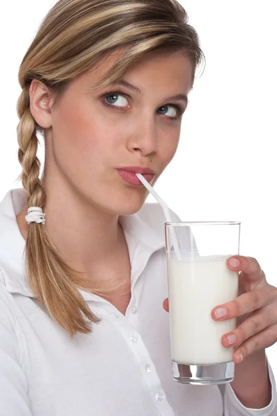 Kvinna Dricka Mjölk Vit Bakgrund — Stockfoto