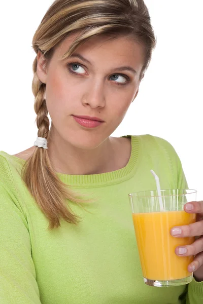 Woman Orange Juice White Background — Stock Photo, Image