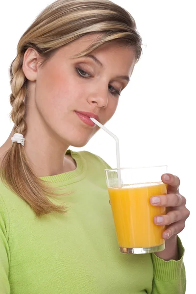 Gezonde Levensstijl Serie Woman Drinken Sinaasappelsap Witte Achtergrond — Stockfoto