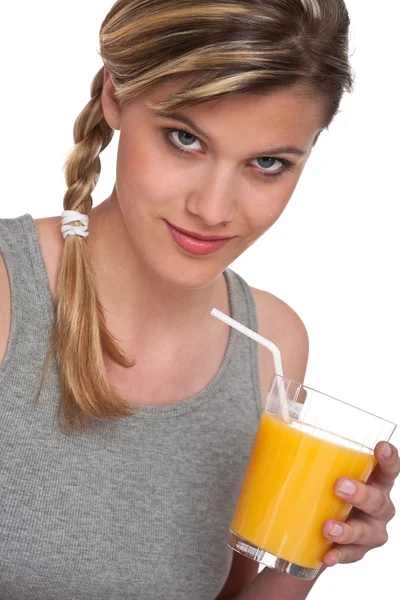 Vrouw Met Glas Sinaasappelsap Witte Achtergrond — Stockfoto
