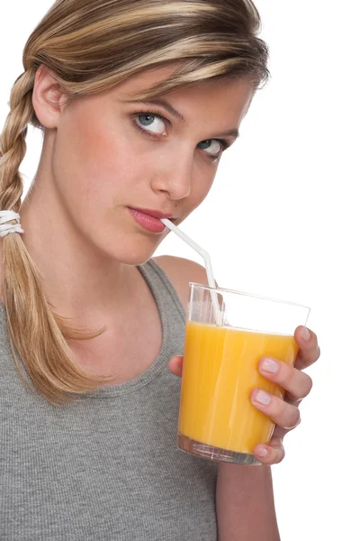 Γυναίκα Πίνοντας Χυμό Πορτοκαλιού Άσπρο Φόντο — Φωτογραφία Αρχείου