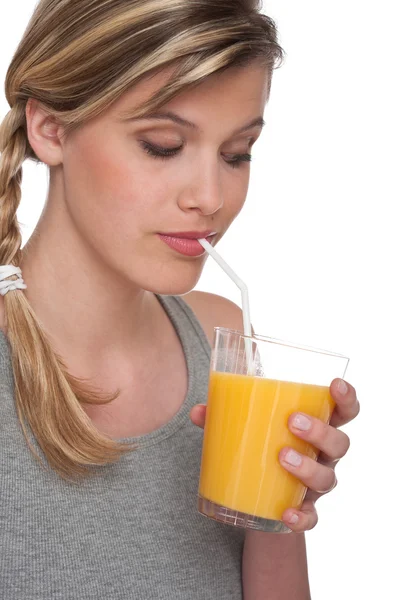 Hälsosam Livsstil Serien Blond Kvinna Dricka Apelsinjuice Vit Bakgrund — Stockfoto