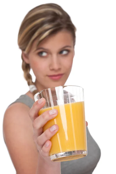 Woman Holding Glass Orange Juice White Background Focus Hand — Stock Photo, Image
