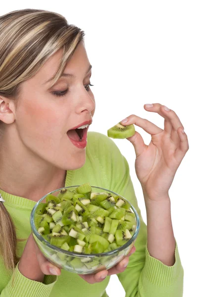 Υγιεινού τρόπου ζωής σειράς - γυναίκα τρώει ακτινίδιο — Φωτογραφία Αρχείου
