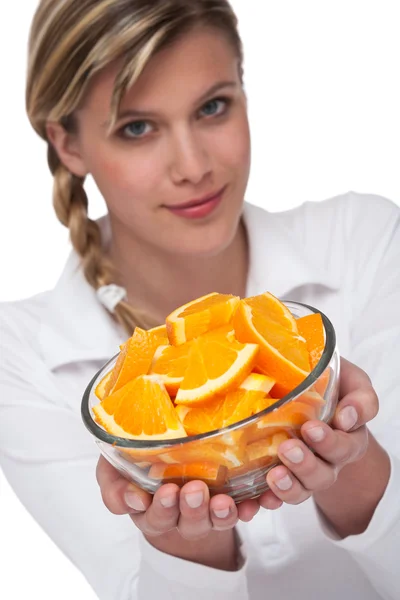 Healthy lifestyle series - Woman holding bowl of oranges — Stock Photo, Image
