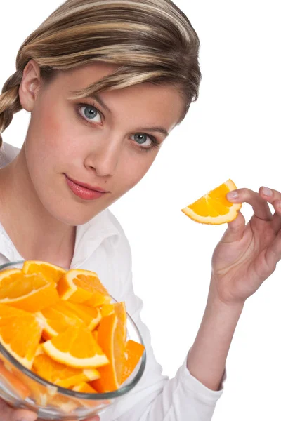 Blonde Vrouw Met Sinaasappelen Witte Achtergrond — Stockfoto