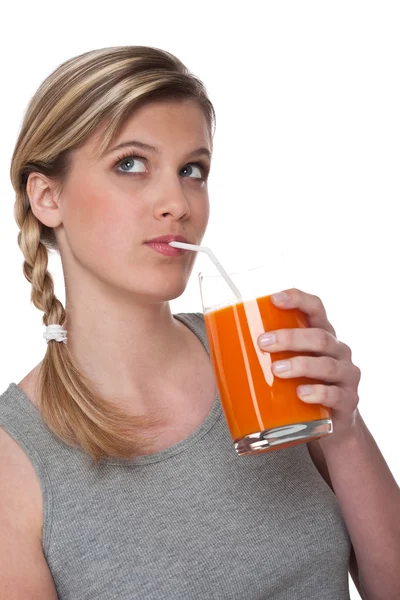Blond Woman Carrot Juice White Background — Stock Photo, Image