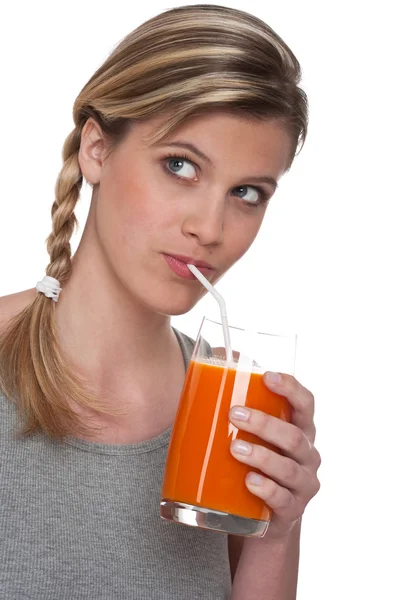 Woman Drinking Carrot Juice White Background — Stock Photo, Image