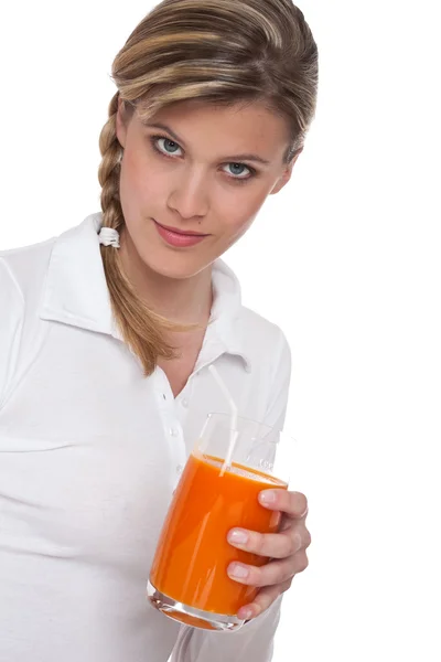 Υγιεινού Τρόπου Ζωής Σειράς Γυναίκα Ποτήρι Χυμό Καρότο Άσπρο Φόντο — Φωτογραφία Αρχείου