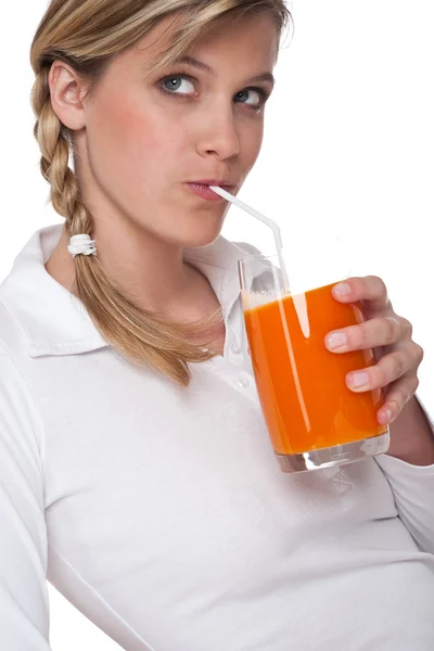 Mujer Bebiendo Jugo Zanahoria Sobre Fondo Blanco —  Fotos de Stock