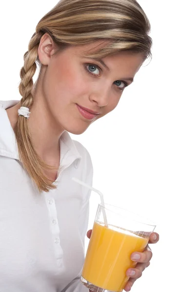 健康的なライフ スタイル シリーズ - オレンジ ジュースのガラスを持つ女性 — ストック写真