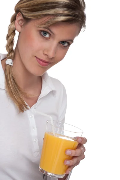 Hälsosam Livsstil Serien Blond Kvinna Med Apelsinjuice Vit Bakgrund — Stockfoto