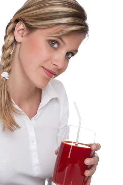 健康的生活方式系列 杯番茄汁在白色背景上的女人 — 图库照片