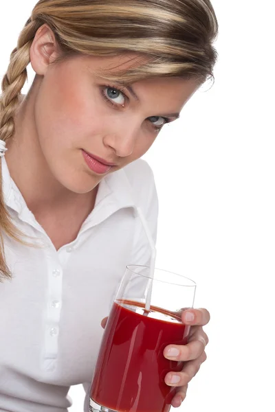 건강 한 라이프 스타일 시리즈-토마토 주스를 가진 여자 — 스톡 사진