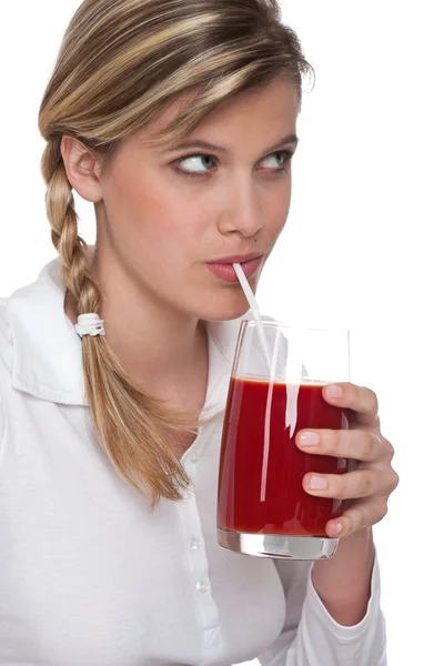 Mujer Bebiendo Jugo Tomate Sobre Fondo Blanco — Foto de Stock